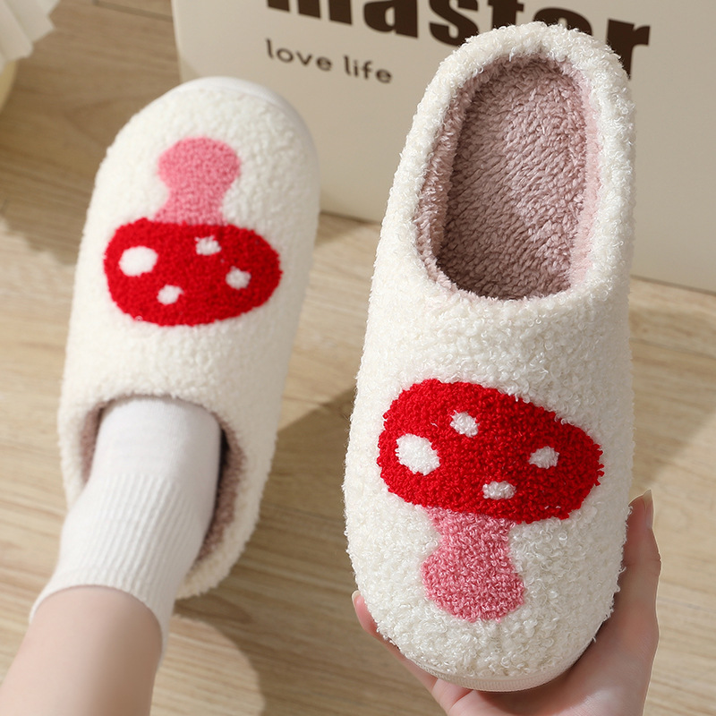 Wholesale Cute Fuzzy Mushroom Slippers Slides Ladies Winter Indoor Flat Warm Smiley Face Slippers